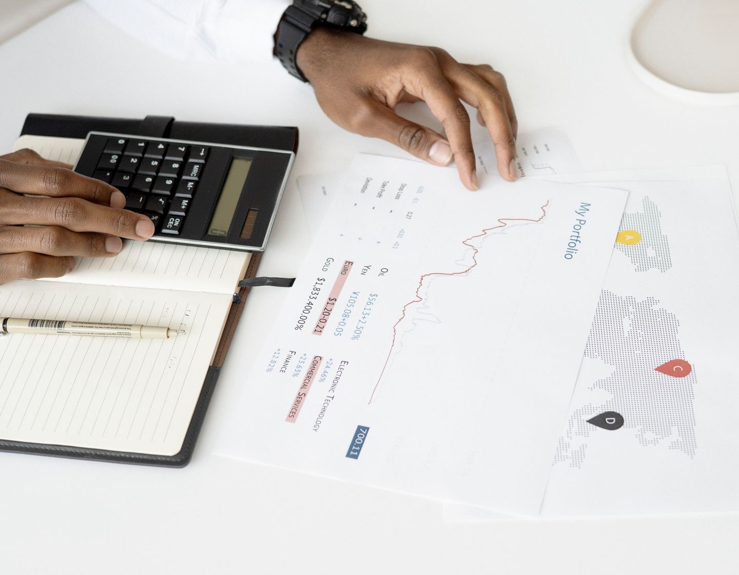 Financial reports, a notebook and a calculator being reviewed on a desk